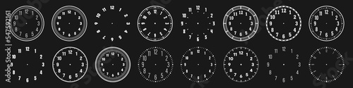 Mechanical clock faces with arabic numerals, bezel. White watch dial with minute, hour marks and numbers. Timer or stopwatch element. Blank measuring circle scale with divisions. Vector illustration
