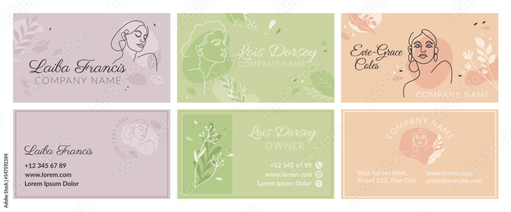 Business card design set with line woman face