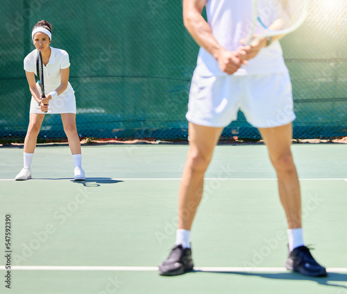 Teamwork, sports and tennis with woman on court for fitness, support and training. Collaboration, health and games with tennis player ready to start competition for goals, vision and summer workout