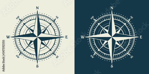 Vintage marine wind rose, nautical chart. Monochrome navigational compass with cardinal directions of North, East, South, West. Geographical position, cartography and navigation. Vector illustration.