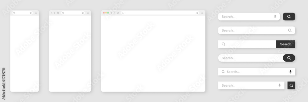 Blank internet browser window with various search bar templates. Web site engine with search box, address bar and text field. UI design, website interface elements. Vector illustration - obrazy, fototapety, plakaty 