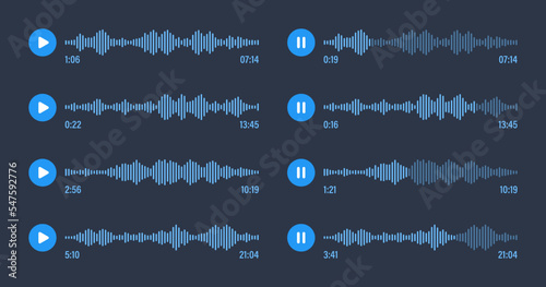 Voice message, social media chat conversation. Messaging app, music player, audio or video editor interface element. Voice assistant, recorder. Sound wave pattern. Dark mode. Vector illustration