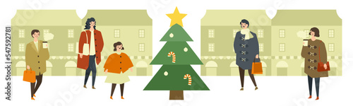 クリスマスの街並み ショッピングする人々のイラスト