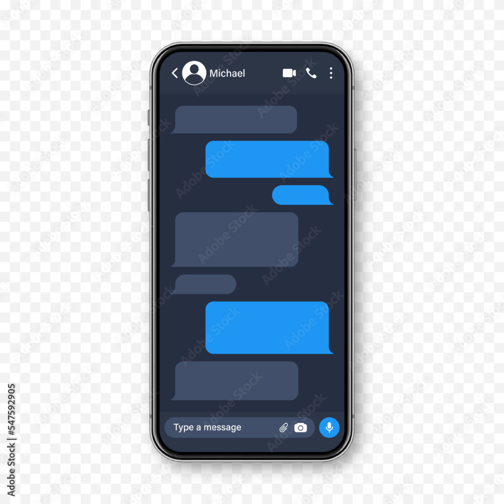 Realistic smartphone with messaging app. Blank SMS text frame. Conversation chat screen with blue message bubbles. Social media application. Vector illustration. Realistic smartphone with messaging app. Blank SMS text frame. Conversation chat screen with blue message bubbles. Social media application. Vector illustration.