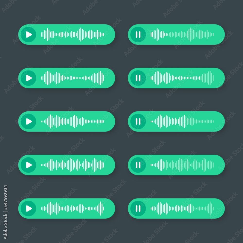 Voice, audio message, green speech bubble. SMS text frame. Social media chat or messaging app conversation. Voice assistant, recorder. Sound wave pattern. Dark mode. Vector illustration Voice, audio message, green speech bubble. SMS text frame. Social media chat or messaging app conversation. Voice assistant, recorder. Sound wave pattern. Dark mode. Vector illustration