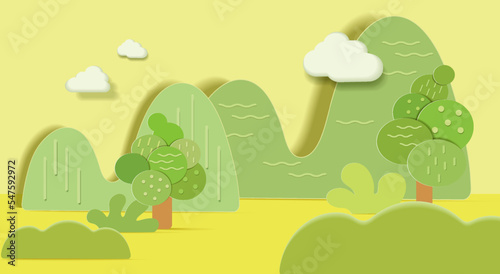 Stage decor with trees shapes  and clouds. 3d pedestal natural scene or platform for product stand. Vector illustration. Round podiums for kid   s product presentations.