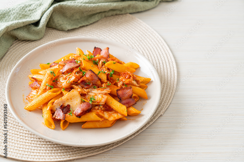 stir-fried penne pasta with kimchi and bacon stir-fried penne pasta with kimchi and bacon