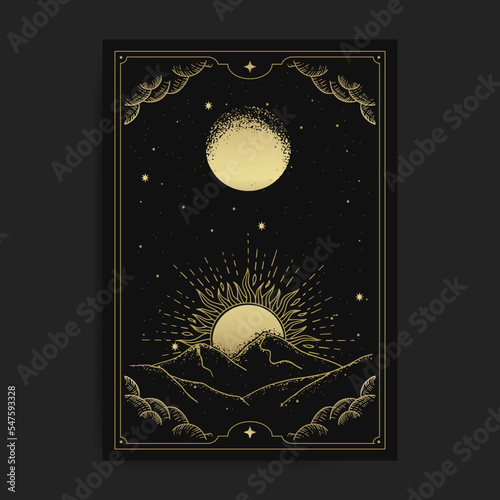 Planet landscape with sun and planets orbits hand drawn illustration