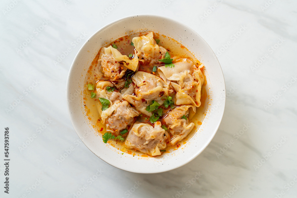 pork wonton soup or pork dumplings soup with roasted chili pork wonton soup or pork dumplings soup with roasted chili