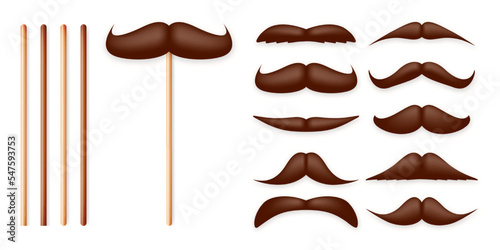Realistic fake mustache on a wooden stick. Vintage paper mustache for carnival or holiday. Various brown facial hair, fashionable hipster beard. Vector illustration