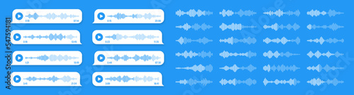 Voice, audio message, blue speech bubble. SMS text frame. Social media chat or messaging app conversation. Voice assistant, recorder. Sound wave pattern. Vector illustration