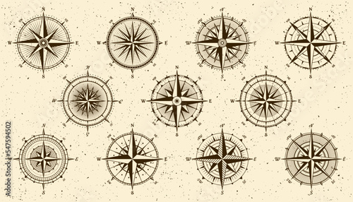 Vintage marine wind rose, nautical chart. Monochrome navigational compass with cardinal directions of North, East, South, West. Geographical position, cartography and navigation. Vector illustration.