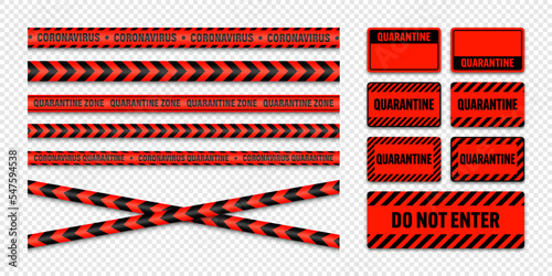 Various quarantine zone warning tapes and shields. Novel coronavirus outbreak. Global lockdown. Coronavirus danger stripe. Police caution line, restricted area. Construction tape. Vector illustration
