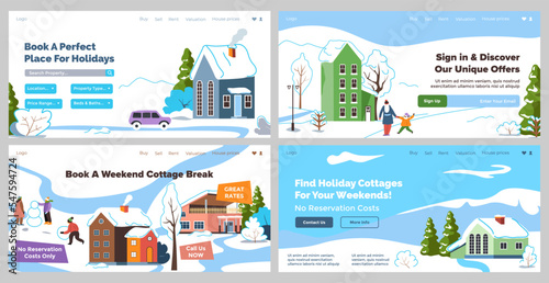 Web page design set with holiday cottage booking