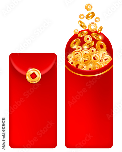 Red envelopes, open and closed, filled with traditional gold coins, suitable for Chinese New Year or other holiday designs. Isolated on white background. Vector 3d illustration