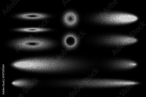 Stipple shadows set, dotted design elements. Fading gradient. Stippling, dotwork drawing, shading using dots. Pixel disintegration, halftone effect. White noise grainy texture. Vector illustration