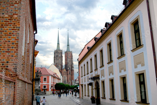 Ancient buildings on Ostrow Tumski at daytime in Wroclaw. High quality photo