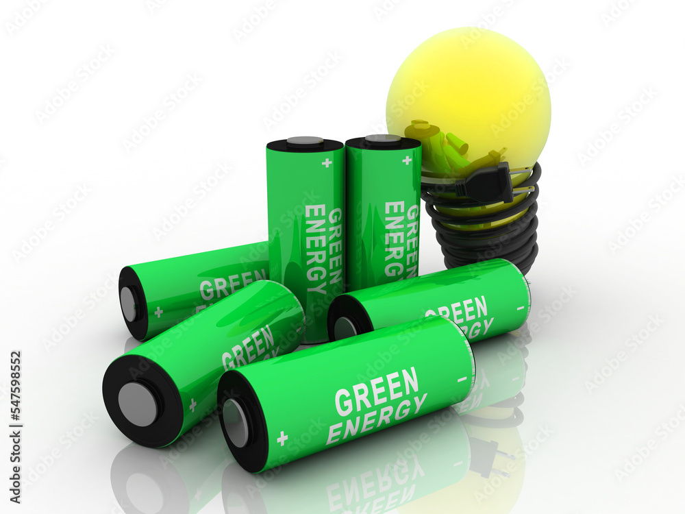 3d rendering Electrical energy and power supply source concept, accumulator battery with cfl bulb 3d rendering Electrical energy and power supply source concept, accumulator battery with cfl bulb