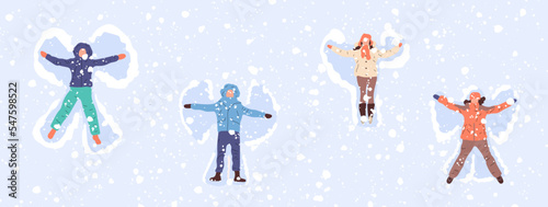 Set Happy People Making Snow Angel. Vector in cartoon style. All elements are isolated