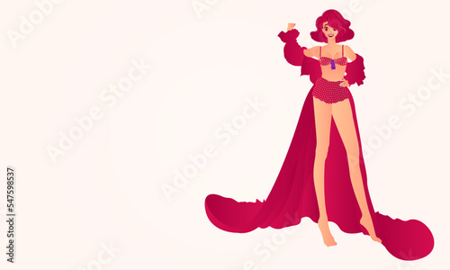 Attractive young oversized bikini top woman in a creamy background, elegant royal woman, long flowing red dress, large extravagant hairstyle, dramatic pose, romantic, stately, ornamental, digital art