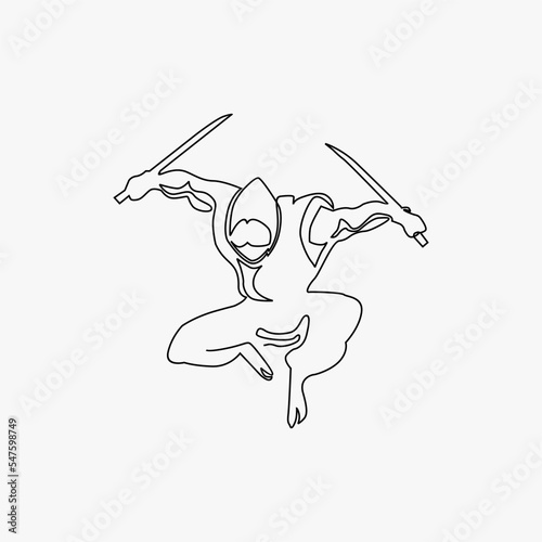 jumping ninja holding blade line art stock vector