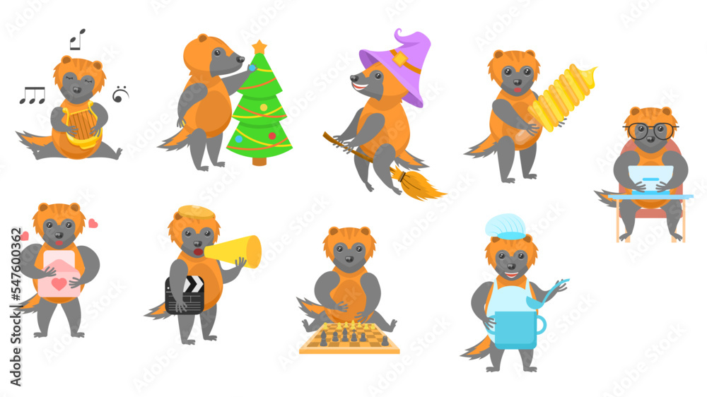 Big Set Abstract Collection Flat Cartoon Different Animal Wolverines Vector Design Style Elements Fauna Wildlife
