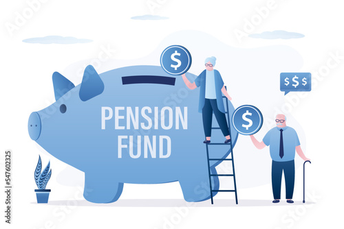 Happy elderly couple insert coins into piggy bank. Retirement savings. Pension fund, bank deposit. Passive income secure. Grandparents with money for decent old age. Financial independence,