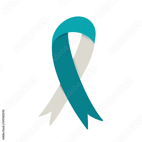 Teal and white ribbon - cervical cancer awareness symbol emblem isolated on white. Vector illustration. Clip art, design element for healthcare medical concept.