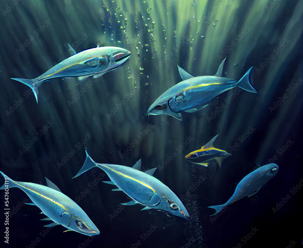 Naklejka premium Schools of tuna underwater. Life and fishing.