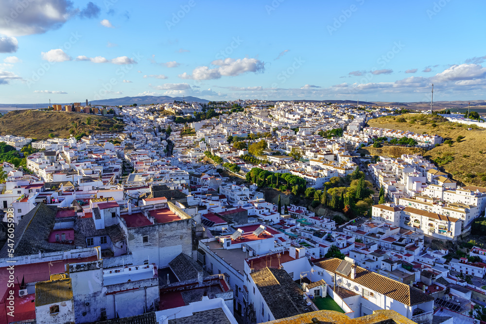 Panoramic view of the pretty village of white houses on the hillside, Arcos de la Frontera, Cadiz.
