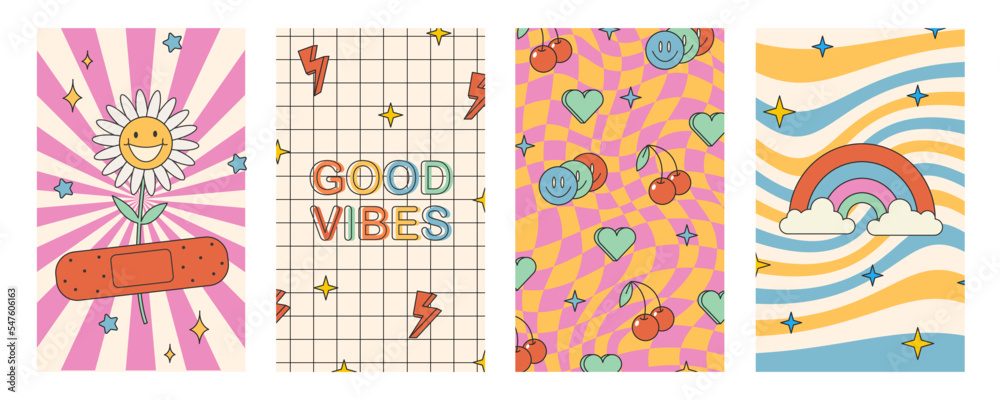 Groovy hippie 70s posters. Funny cartoon flower, rainbow, love, daisy etc. Vector cards in trendy retro psychedelic cartoon style. Vector stock backgrounds. Flower power. Good vibes. Groovy hippie 70s posters. Funny cartoon flower, rainbow, love, daisy etc. Vector cards in trendy retro psychedelic cartoon style. Vector stock backgrounds. Flower power. Good vibes.