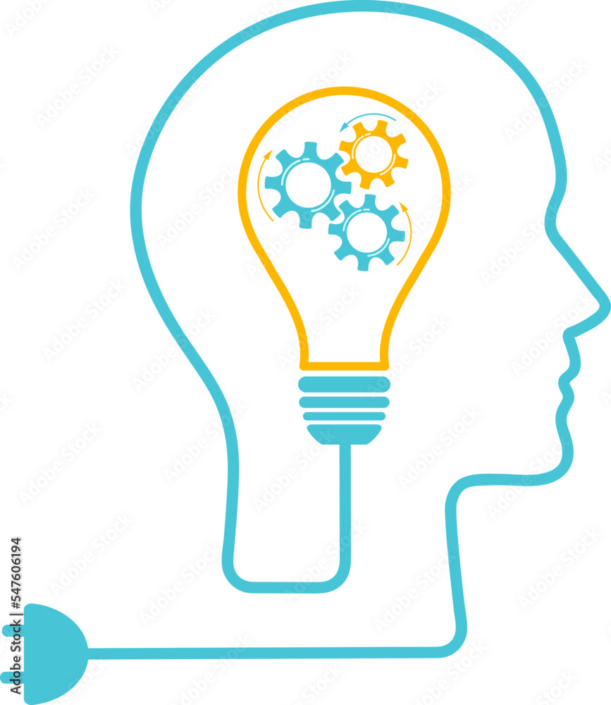 Head silhouette lightbulb inspiration concept set vector illustration. Creative graphic collection with head profile, gear machine and light bulb. Blue human silhouette technology background concept. Head silhouette lightbulb inspiration concept set vector illustration. Creative graphic collection with head profile, gear machine and light bulb. Blue human silhouette technology background concept.