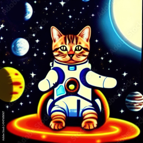 A cat in a spacesuit in open space against the background of stars and planets.