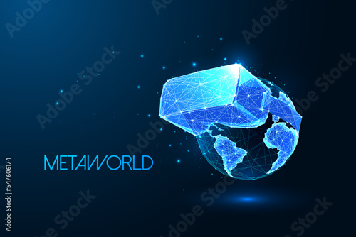 Meta world, metaverse concept with planet Earth globe and virtual reality glasses on blue background