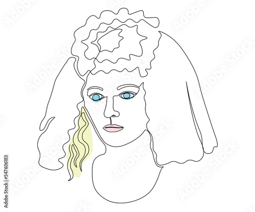 portrait of a bride in a veil hand-drawn, in the style of one line art, minimalism