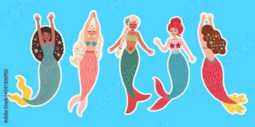 Set of beautiful mermaids, different ethnicity, swimming mermaid. Cute Mermaid vector, for t shirts or children books.