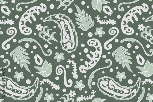 Seamless pattern based on an ornament with a Paisley bandana print in green colors, scarf around the neck, print on fabric, wallpaper