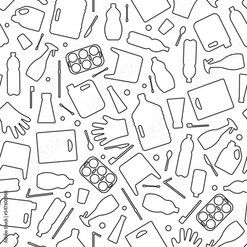 Plastic waste, ocean pollution seamless pattern vector illustration. Eco problem water pollution trash symbol seamless background. Earth day wallpaiper with single use plastic garbage outline icons