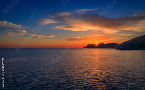 Sunset view onto the Mediterranean Sea in Manarola in Cinque Terre  Italy
