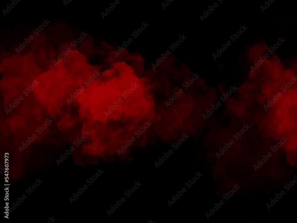 Fog and red waves in dark background. 3D illustration generated from a tablet, used as a background in abstract style.