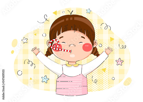 Girl blows party horn. Birthday cute vector illustration in asian cartoon style. 