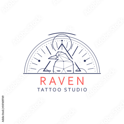 Tattoo studio emblem with raven bird. Monochrome style. Isolated logo on white background. Mystical geometry symbol. Linear alchemy, occult, philosophical sign.