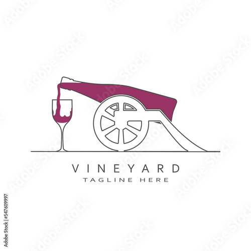 Ancient wine bottle cannon with wineglass logo design. Emblem concept for vineyard.