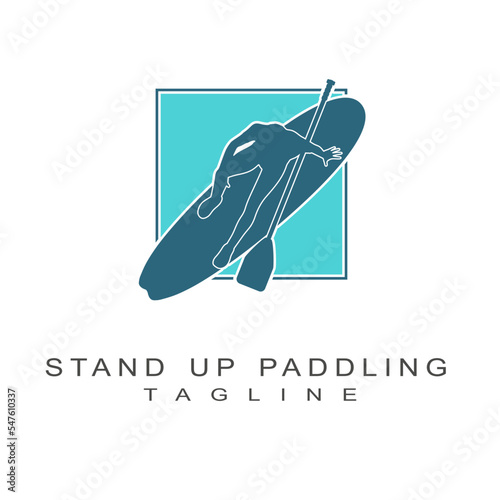 Man posing with surfboard and paddle. Stand up paddle boarding logo design isolated on white background. Aerial view