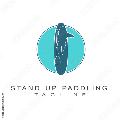 Woman posing with surfboard and paddle. Stand up paddle boarding logo design isolated on white background. Aerial view