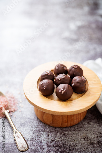 Chocolate candies with salt flakes