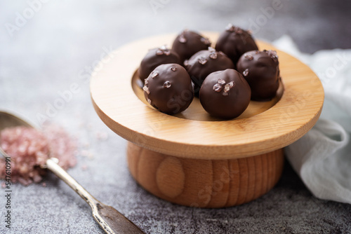 Chocolate candies with salt flakes