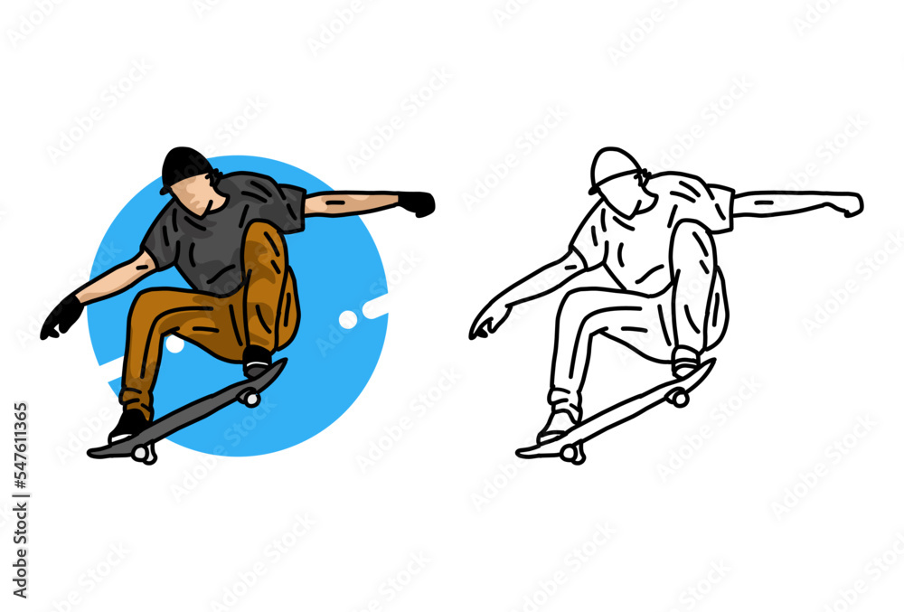 Obraz premium line art of skate boarding player. illustrations for kids learning to color. eps file