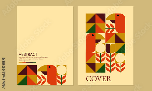 Bauhaus pattern book cover with geometric bird and plant shapes. retro design. A4 size for catalog designs, annual reports, flyers, posters, brochures, journals.