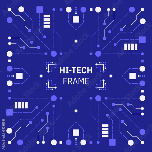 Futuristic hi-tech badge, frame or border. Futuristic HUD. Modern technology banner in cyberpunk style. Abstract sci-fi text box with glitch effect. Vector illustration
